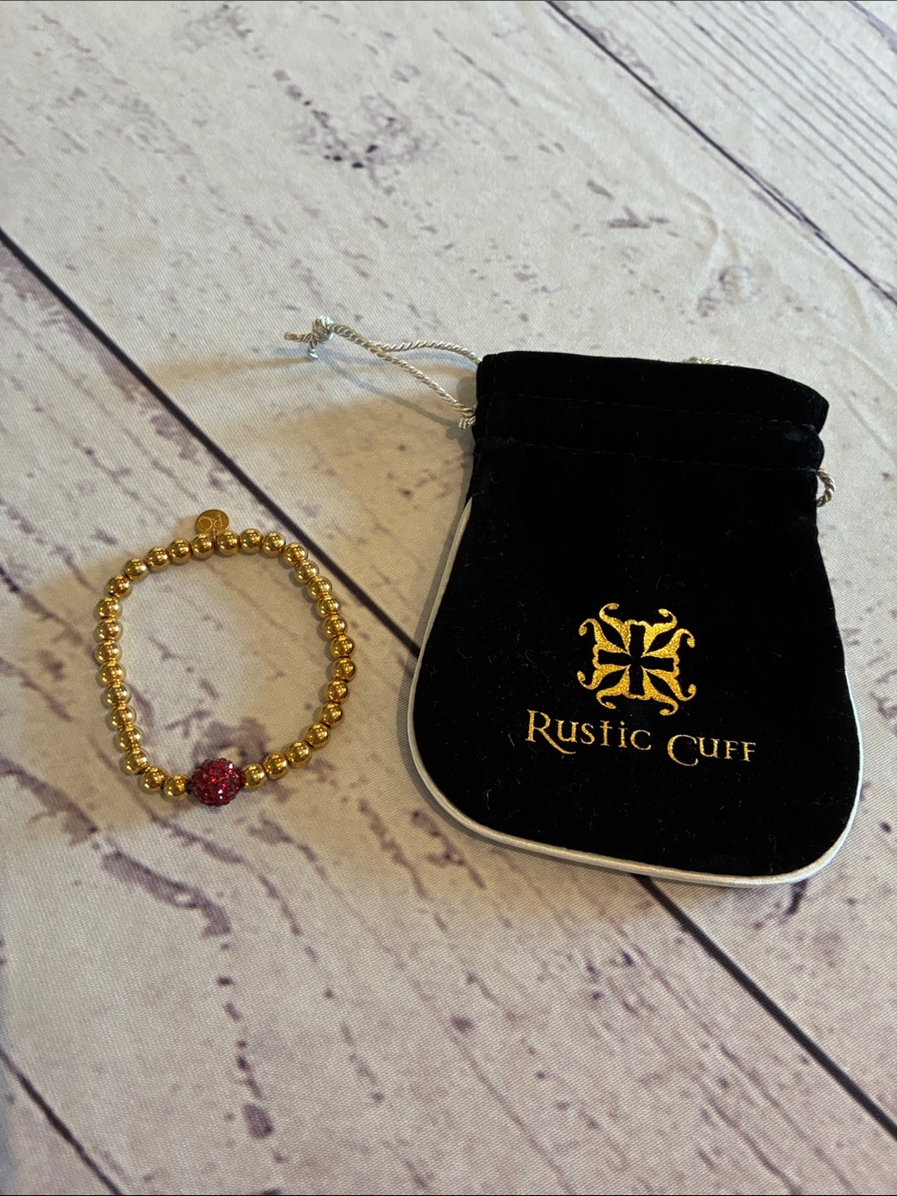 🎉NEW LISTING!🎉Rustic Cuff Gold Beaded Stretch Bracelet with Red Crystal Accent